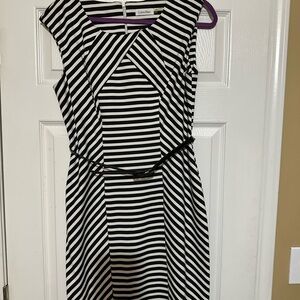 Calvin Klein Black and White Ruched Sheath Midi Dress